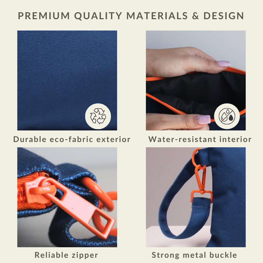 Close-up of the water-resistant fabric and secure zipper on the Handy Blue Handy Beach Goods wristlet bag.