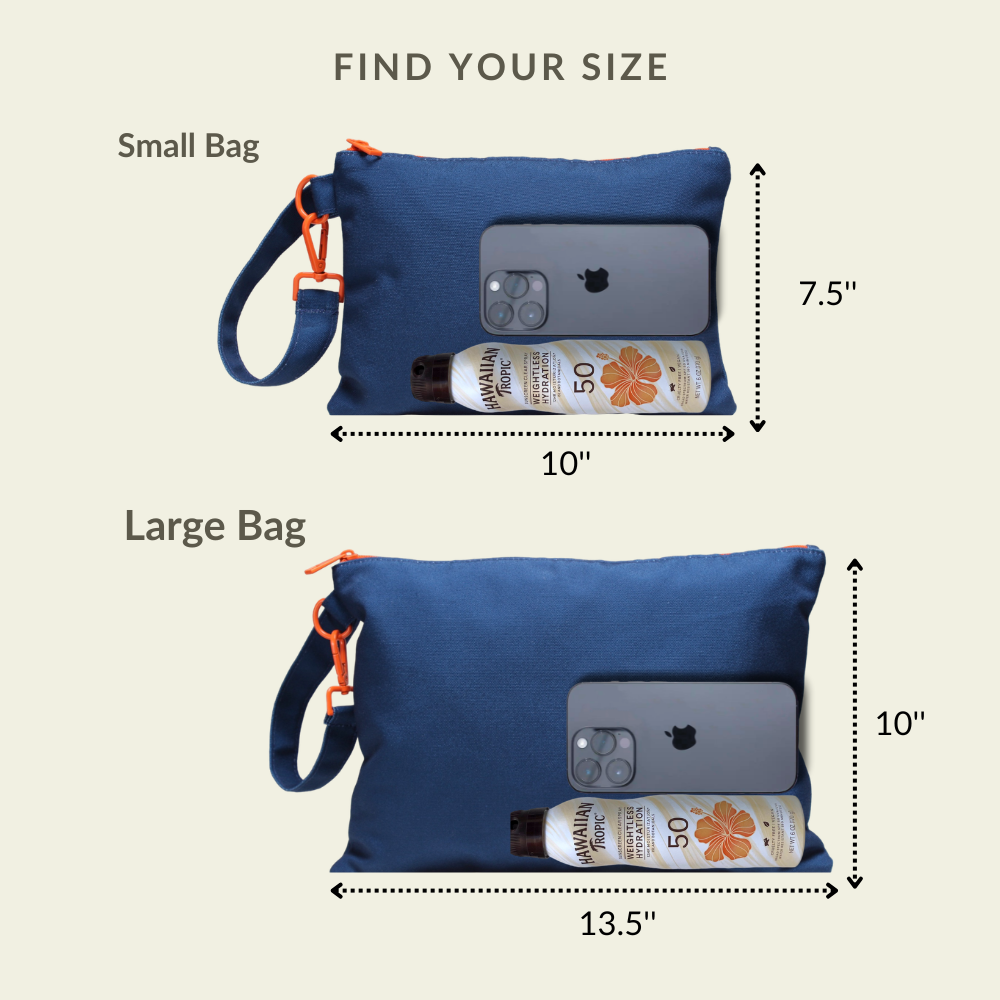 Visual size chart comparing the small and large capacities of the Handy Blue wet/dry ultimate beach wristlet bag.