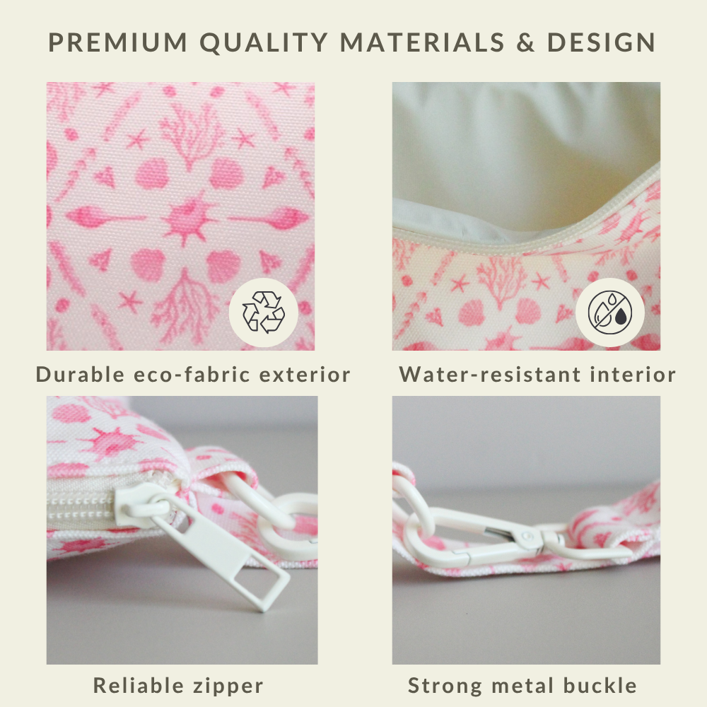 Close-up of the water-resistant fabric and secure zipper on the Beach Treasure Handy Beach Goods wristlet bag.