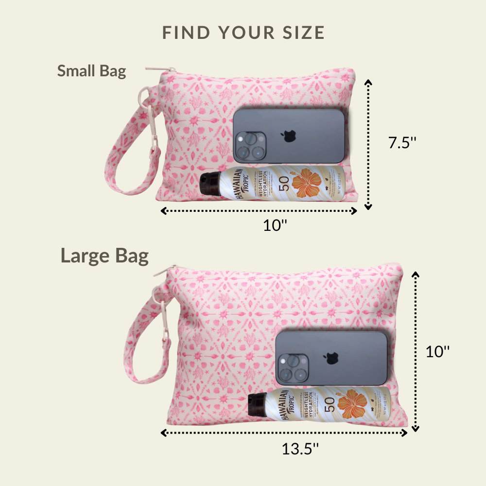 Visual size chart comparing the small and large capacities of the Beach Treasure wet/dry ultimate beach wristlet bag.