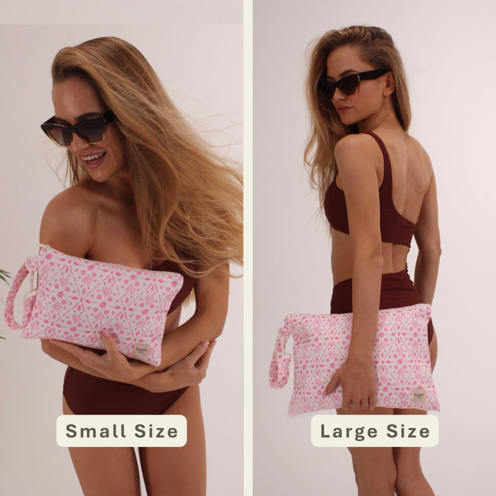 Woman modeling the Beach Treasure Handy Beach Goods wristlet bag for scale and size comparison.