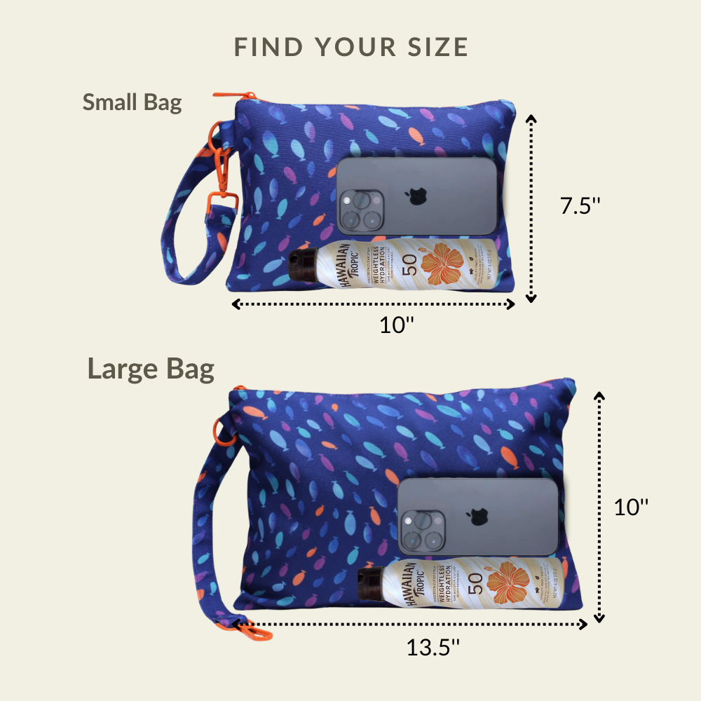 Visual size chart comparing the small and large capacities of the Fish wet/dry ultimate beach wristlet bag.