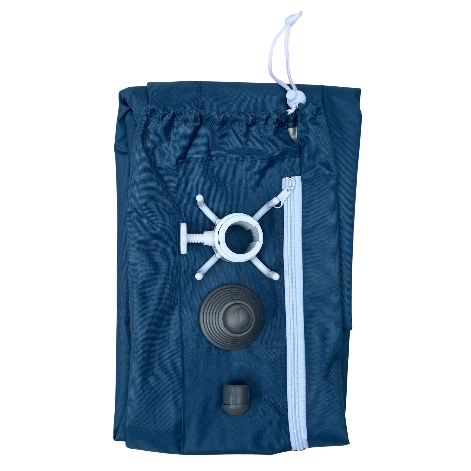 Blue drawstring bag with white valve and black components on a white background