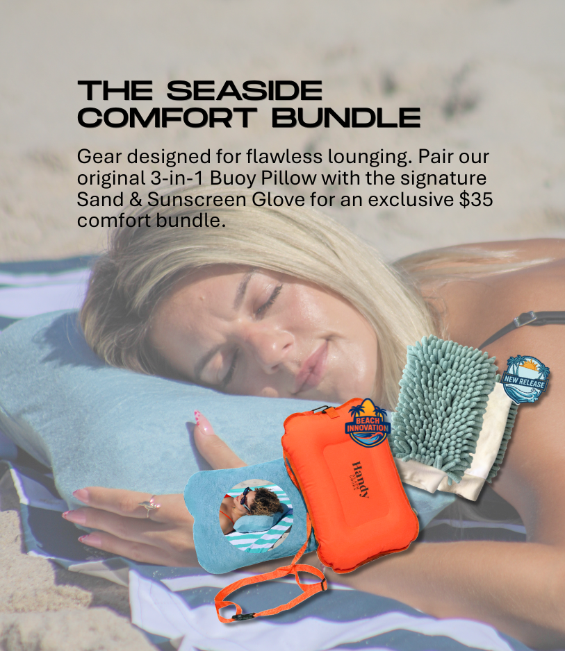 A woman lying on a beach blanket on a sandy beach with promotional text reading 'THE SEASIDE COMFORT BUNDLE.' 