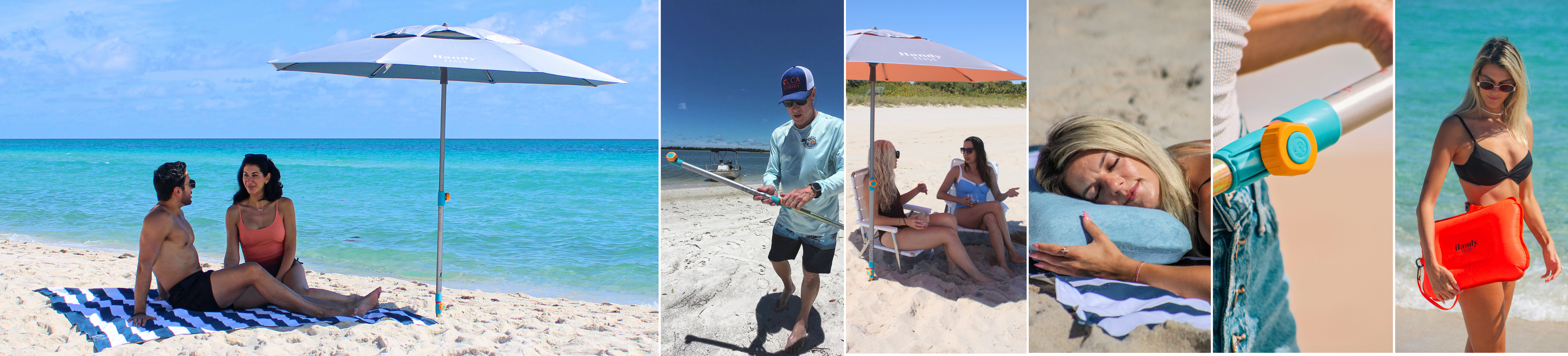 Relaxing beach setup with a blue wind resistant umbrella, striped blanket, and beach pillow by the ocean.