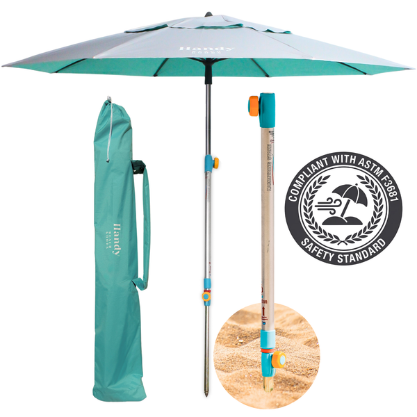 Close-up of Beach Umbrella and Anchor System showing ASTM F3681 Safety Standard seal on the pole (Teal).