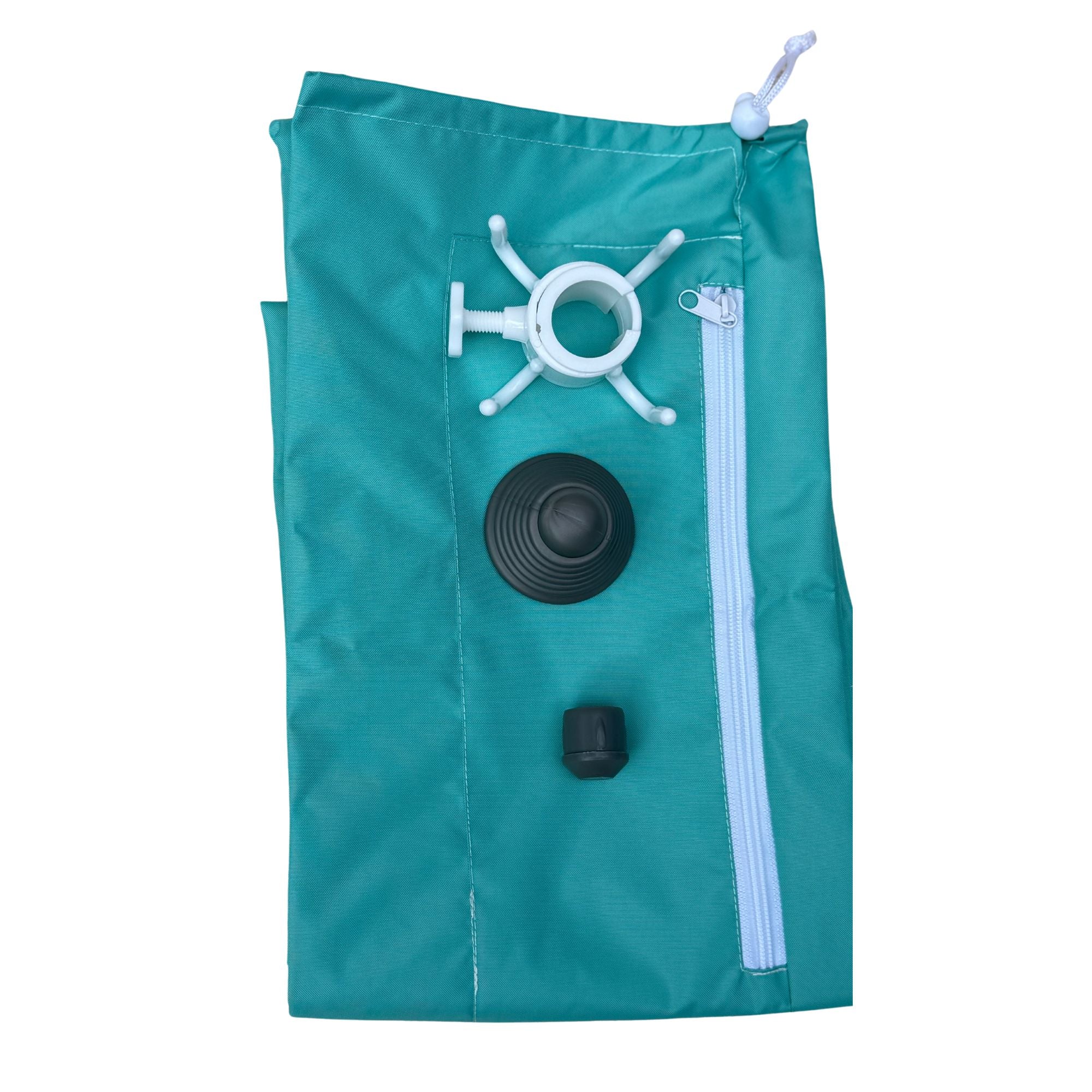 Teal bag with white zip and accessories on a white background