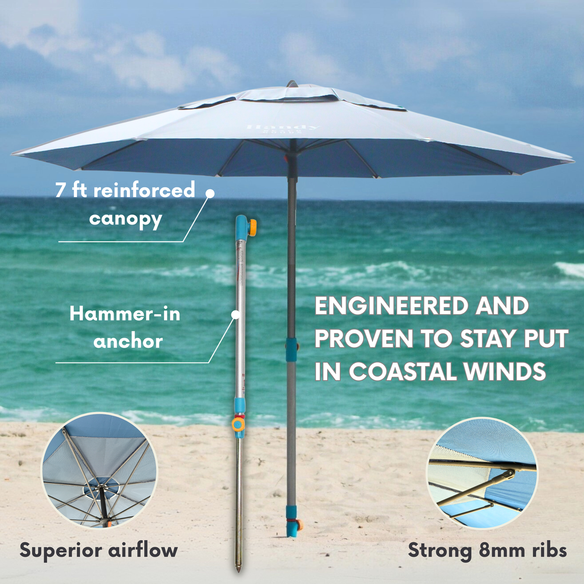 A large beach umbrella white text overlays highlight features such as a 7 ft reinforced canopy, hammer-in anchor, and strong 8mm ribs.