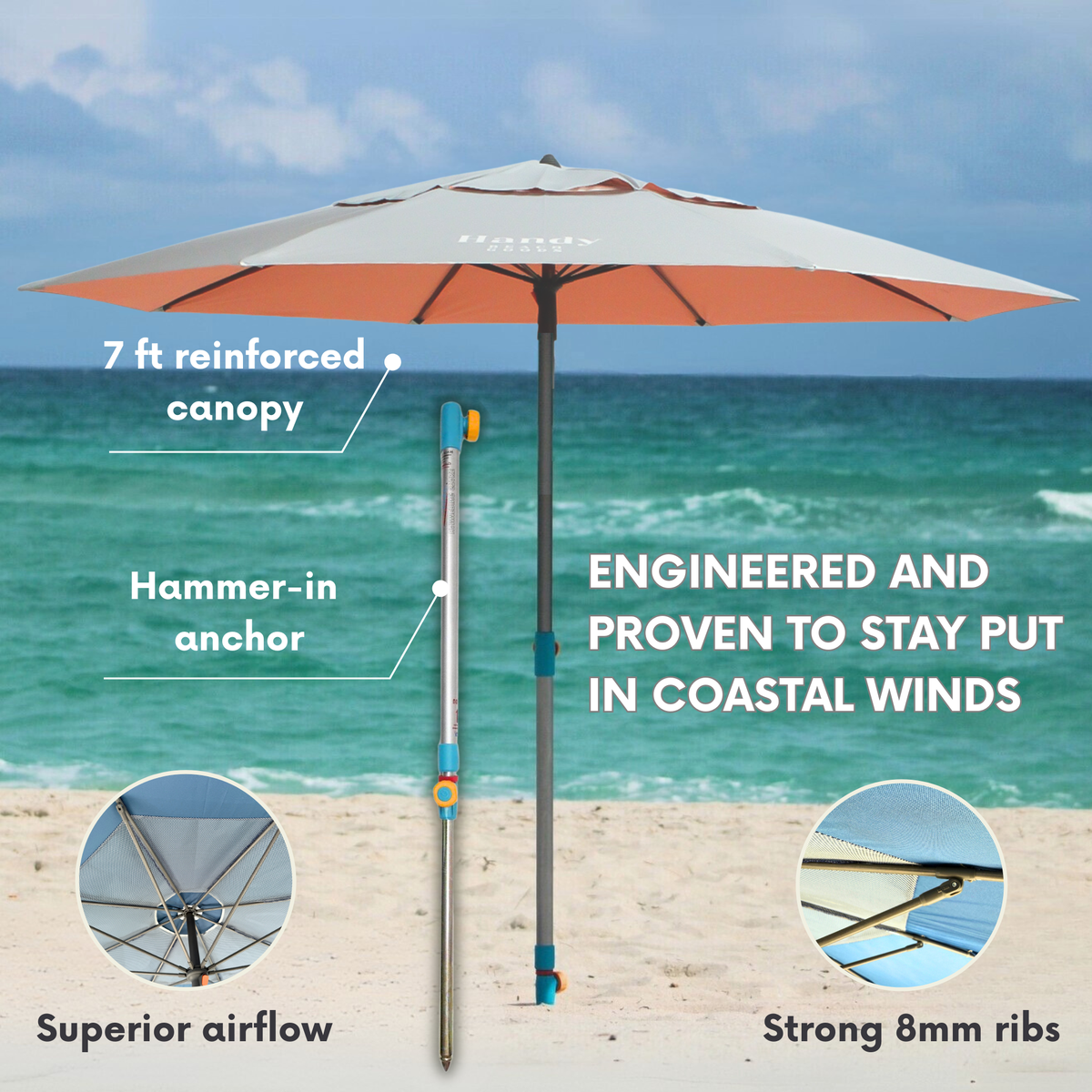 A beach umbrella with a silver canopy and coral-orange underside is shown on a sandy beach with ocean water and sky behind it. White text overlays highlight features such as a 7 ft reinforced canopy, hammer-in anchor, superior airflow, and strong 8mm ribs.