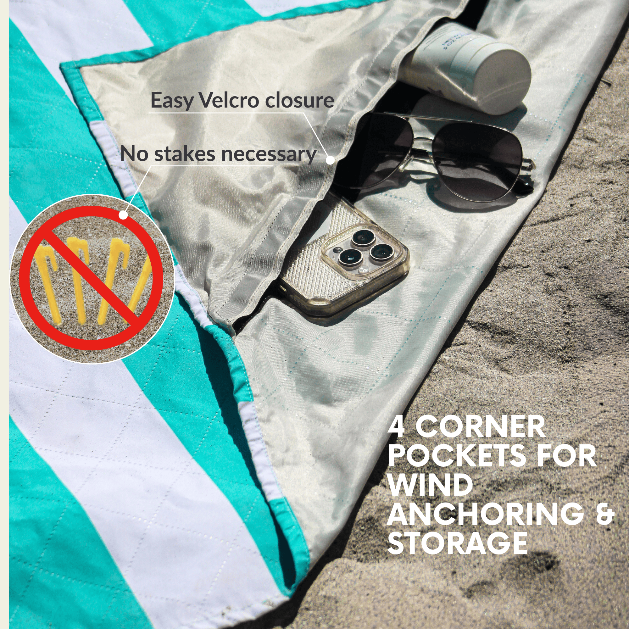 Corner pocket of a windproof beach blanket in teal stripes used for sand anchoring and hidden storage for a phone, sunglasses, and sunscreen.