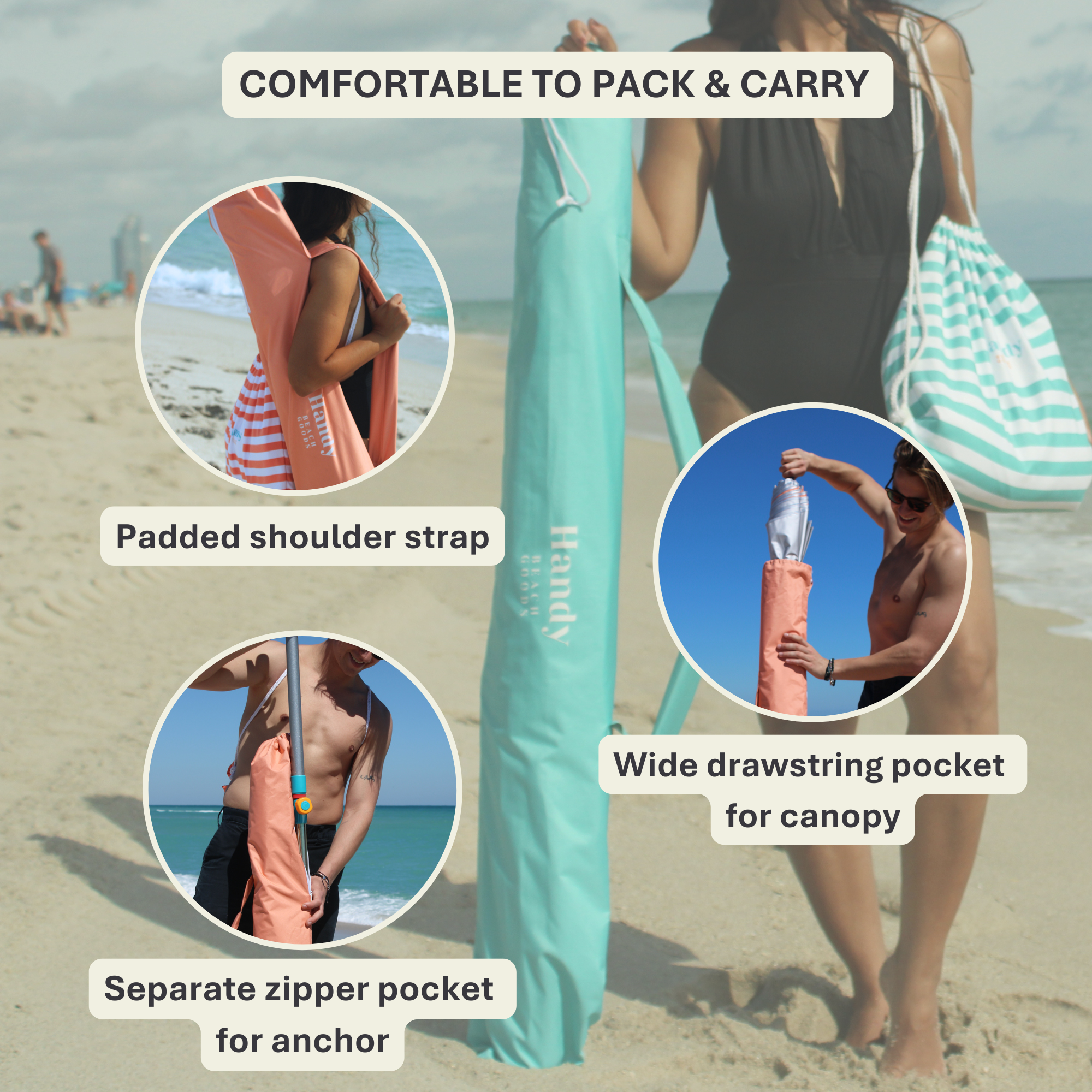 Beach umbrella packed in a durable carry bag with a padded shoulder strap and dual storage pockets for easy transport.
