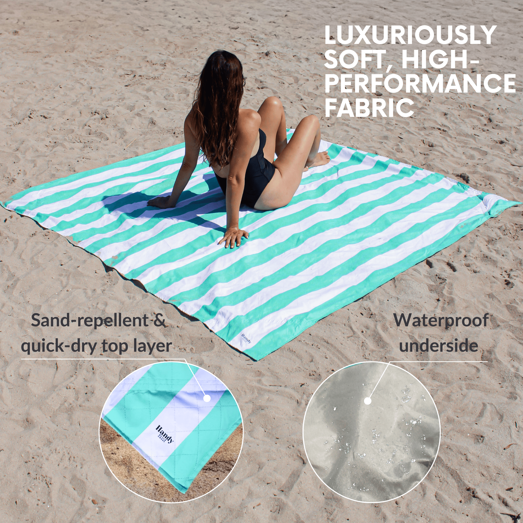 Woman sitting on an oversized 7x7 ft beach blanket crafted from recycled materials, providing plenty of space - teal stripes