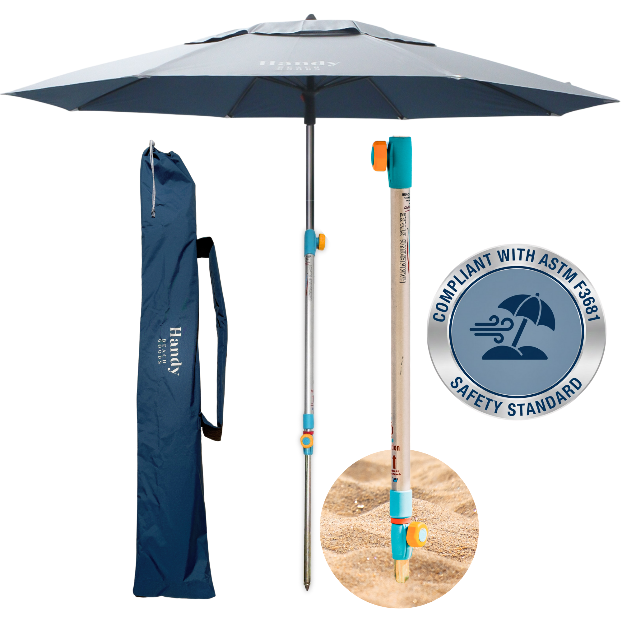 Blue beach umbrella with a high-performance hammer-in anchor system rated for 30 mph wind stability.