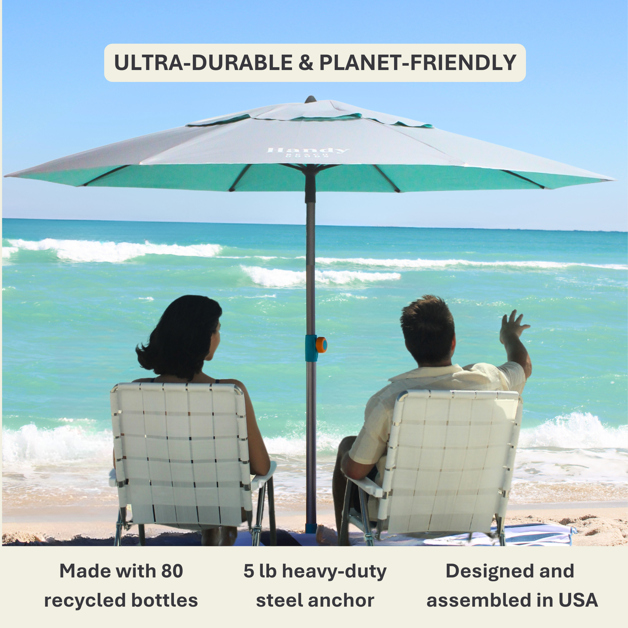 Eco-friendly beach umbrella canopy made from 100% recycled RPET plastic bottles, featuring heavy-duty 8mm fiberglass ribs for long-lasting durability.