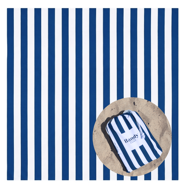 Oversized Waterproof & Sand-Repellent Beach Blanket with Umbrella Port - Blue & Stripes