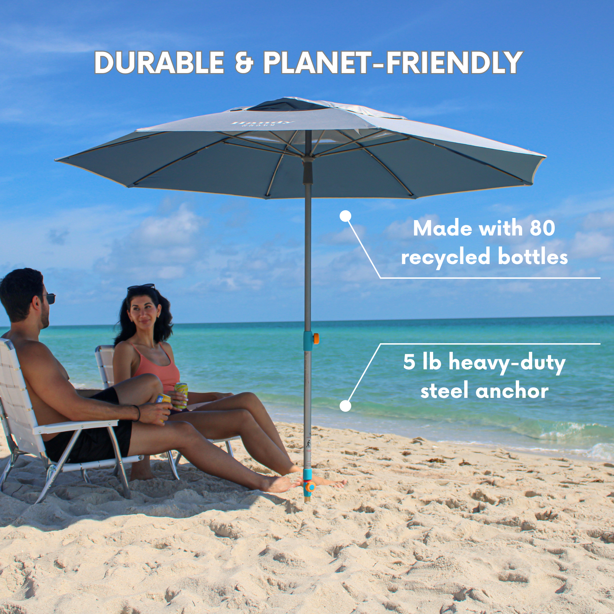 Durability and sustainable features of the silver and teal beach umbrella, highlighting the 8 flexible fiberglass ribs, wind-vented canopy, and heavy-duty lightweight aluminum pole.