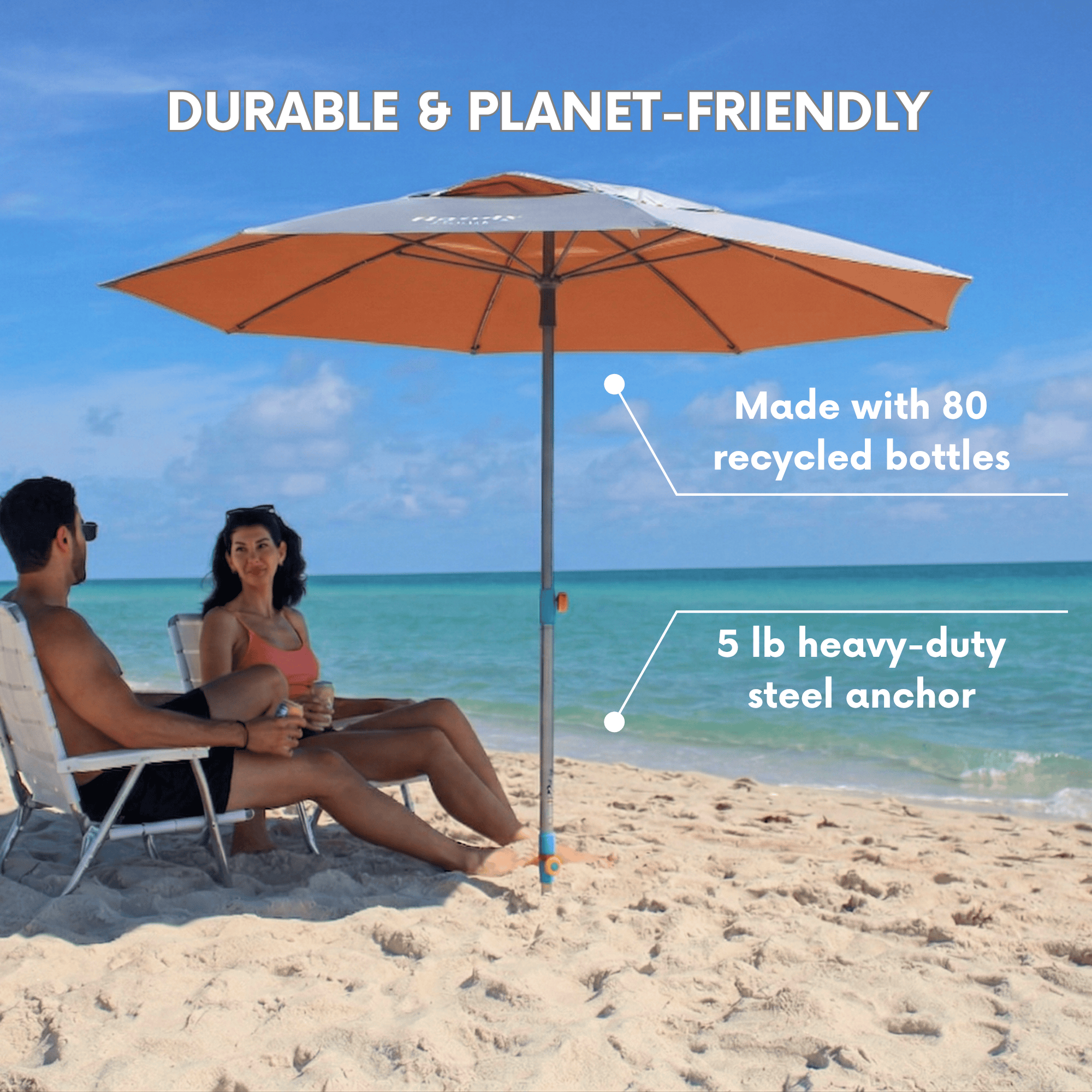 Durability and eco features of the silver and peach beach umbrella, highlighting canopy made with 80 recycled bottles, and heavy-duty sand anchor. peach umbrella system 
