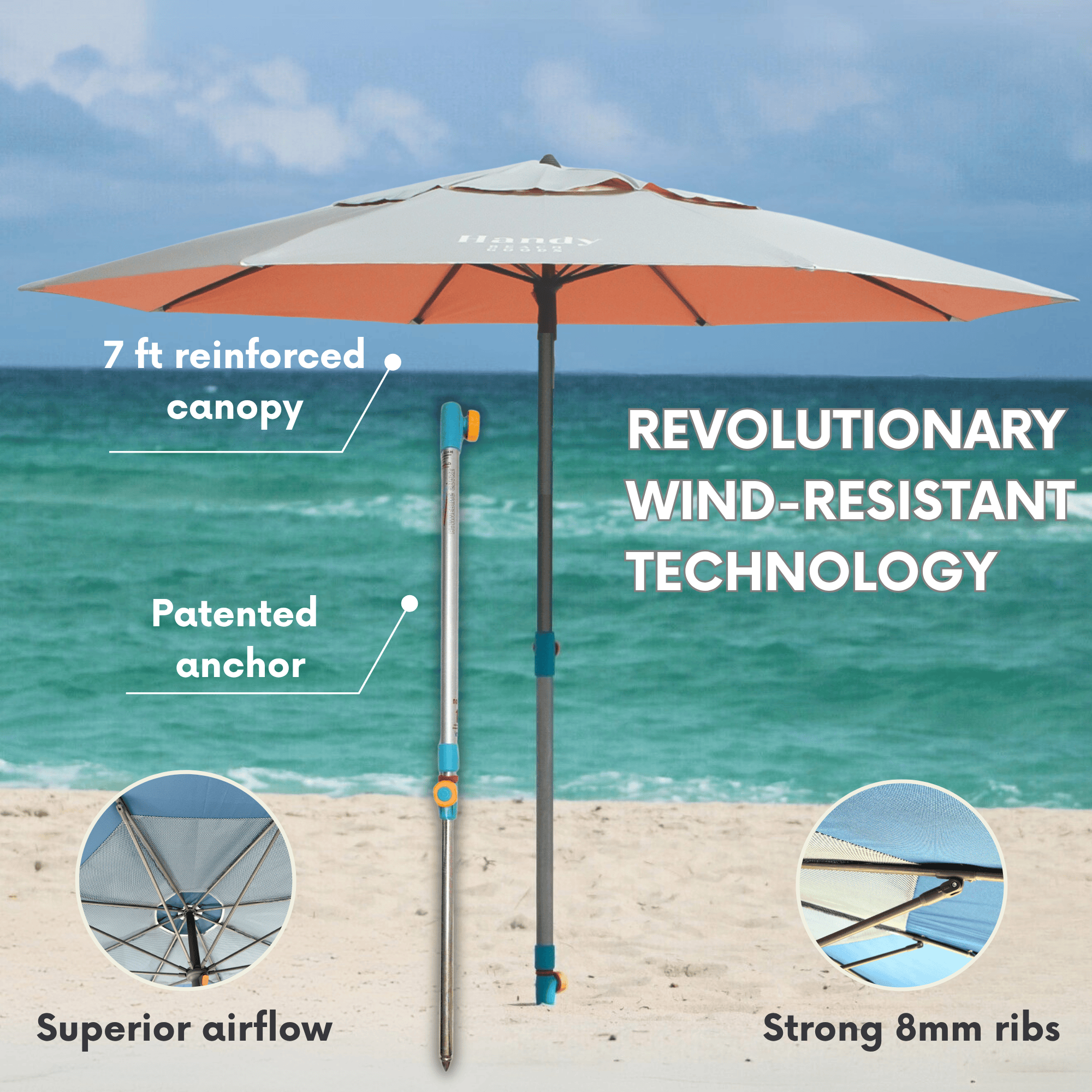 Infographic demonstrating the high wind resistance of the silver and peach Handy Beach Umbrella, featuring an ASTM wind-tested anchor and dual-vented canopy designed to stand strong in gusts up to 30 MPH. peach umbrella system 
