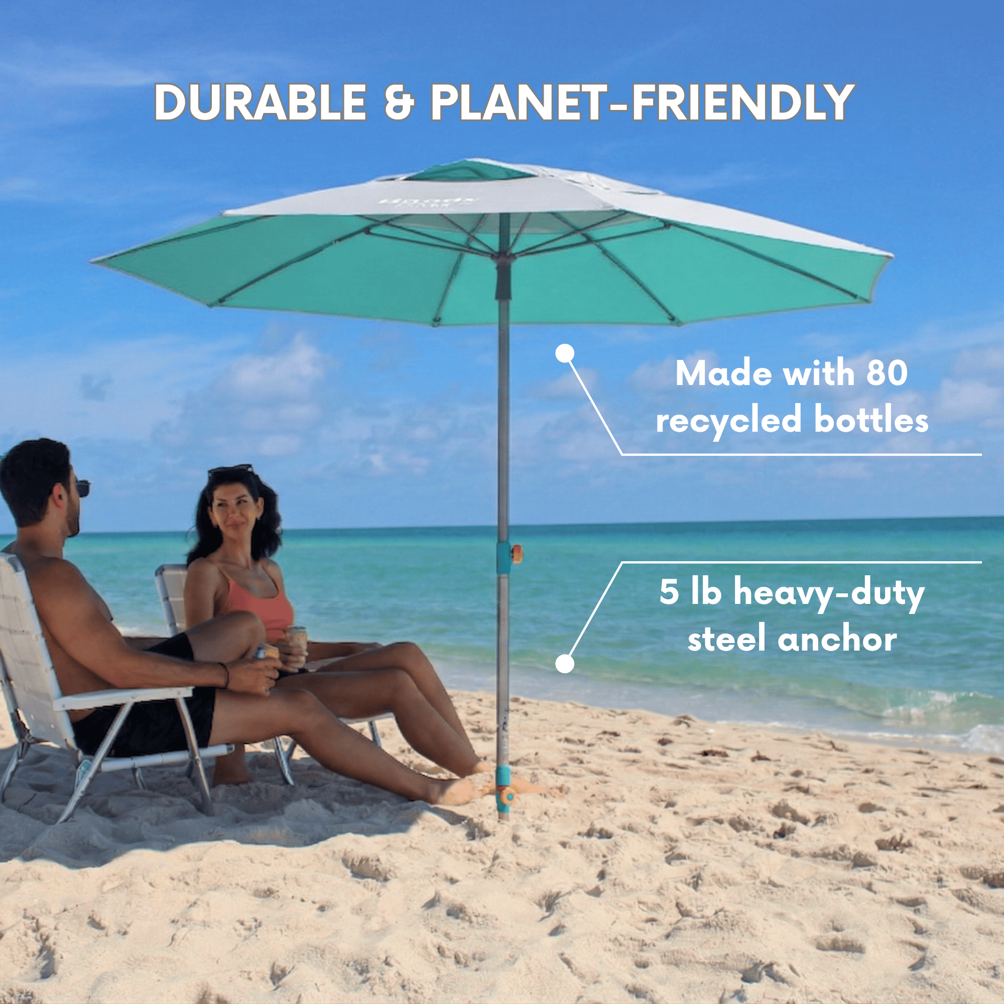 Durability and sustainability features of the silver and teal beach umbrella, highlighting the flexible fiberglass ribs, wind-vented canopy made with 80 recycled bottles. teal umbrella system