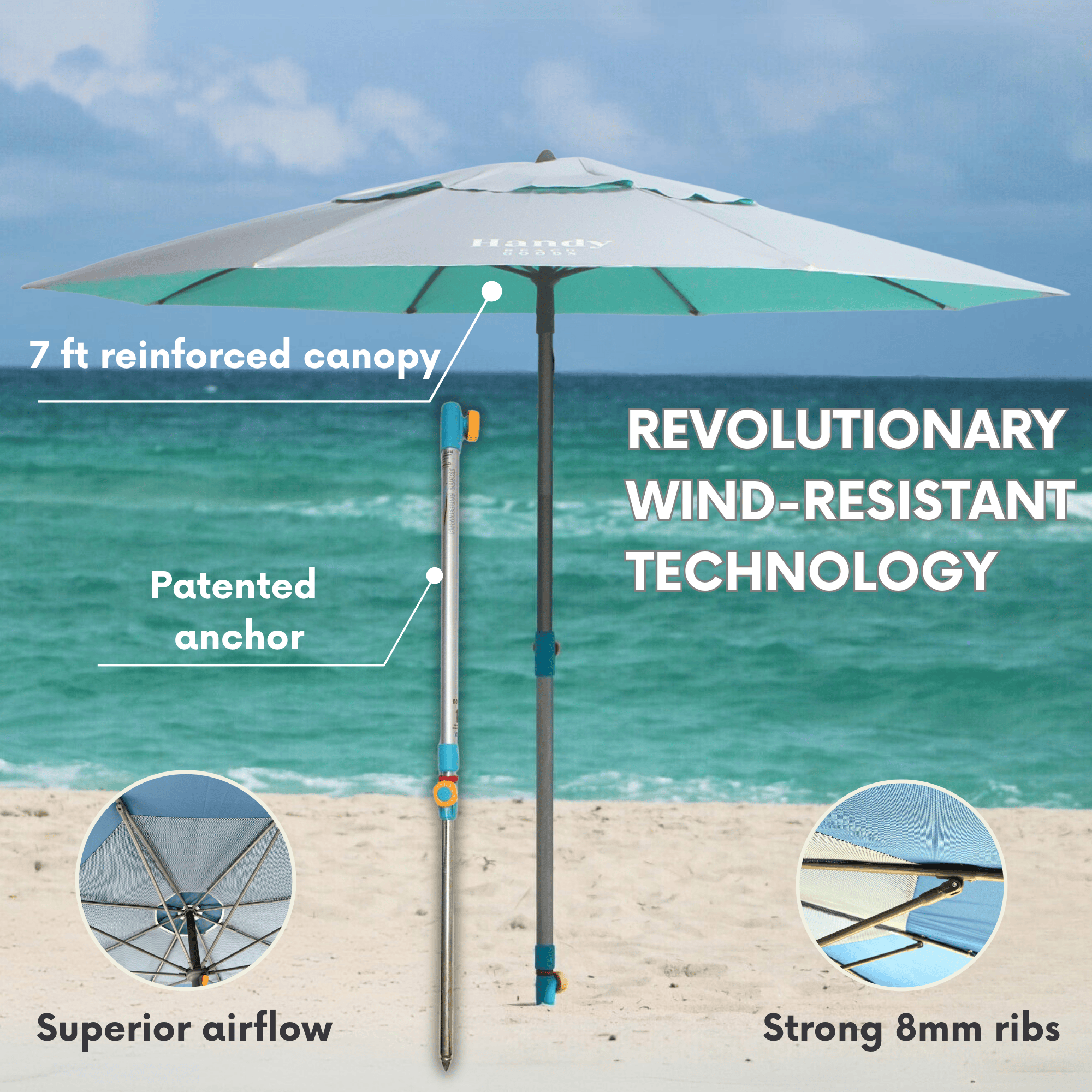 Infographic demonstrating the high wind resistance of the silver and teal Handy Beach Umbrella, featuring a ASTM-tested anchor and dual-vented canopy designed to stand strong in gusts up to 30 MPH. teal umbrella system